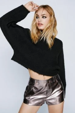 Brushed High Neck Cropped Knitted Sweater