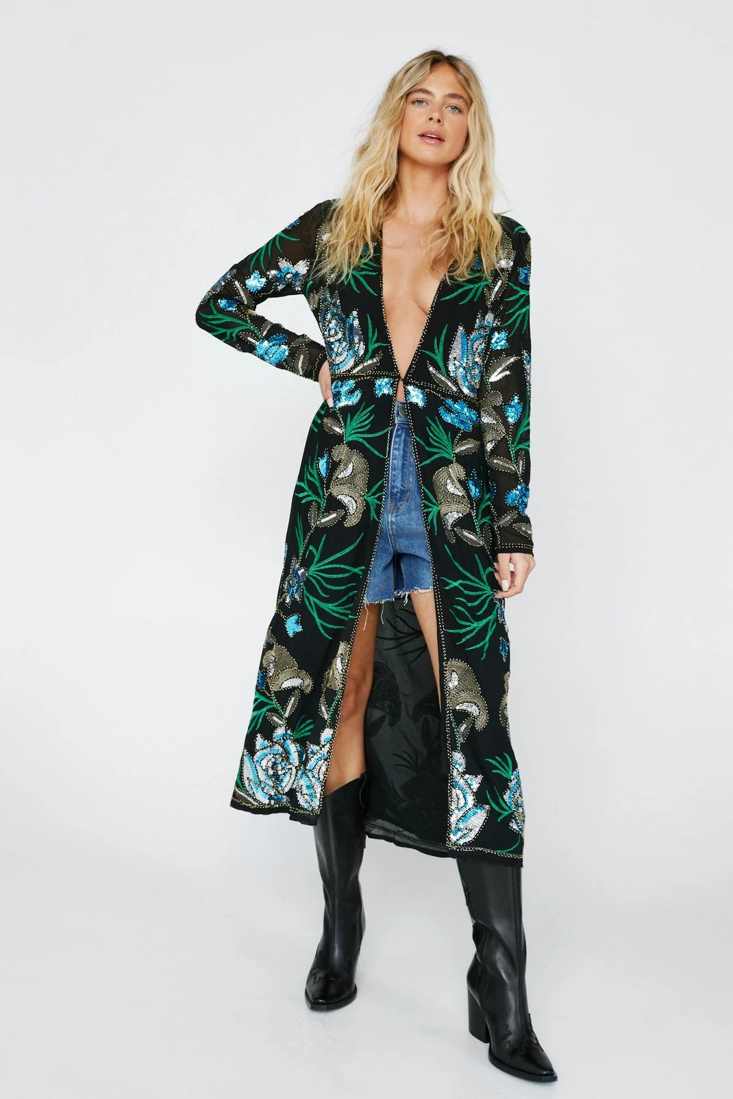 Embellished Floral Design Longline Kimono - Image 4