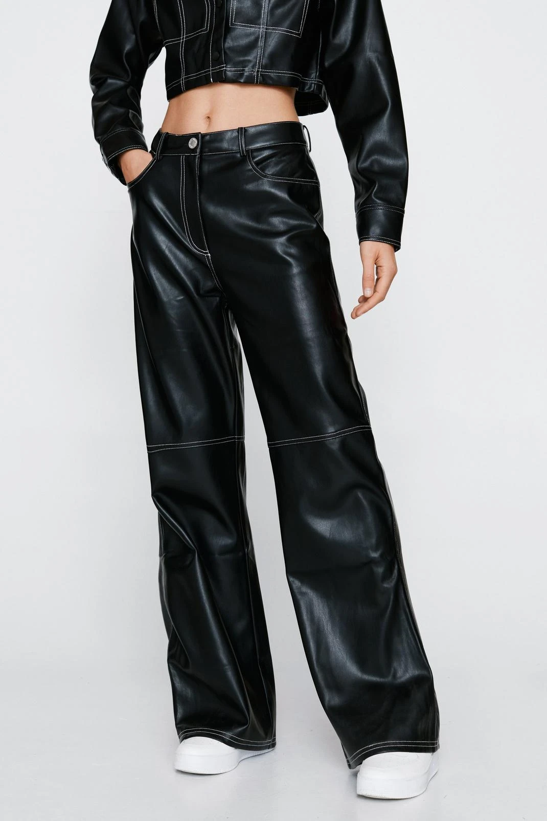 Faux Leather Contrast Stitch Wide Leg Pants - Image 2