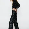 Faux Leather Contrast Stitch Wide Leg Pants