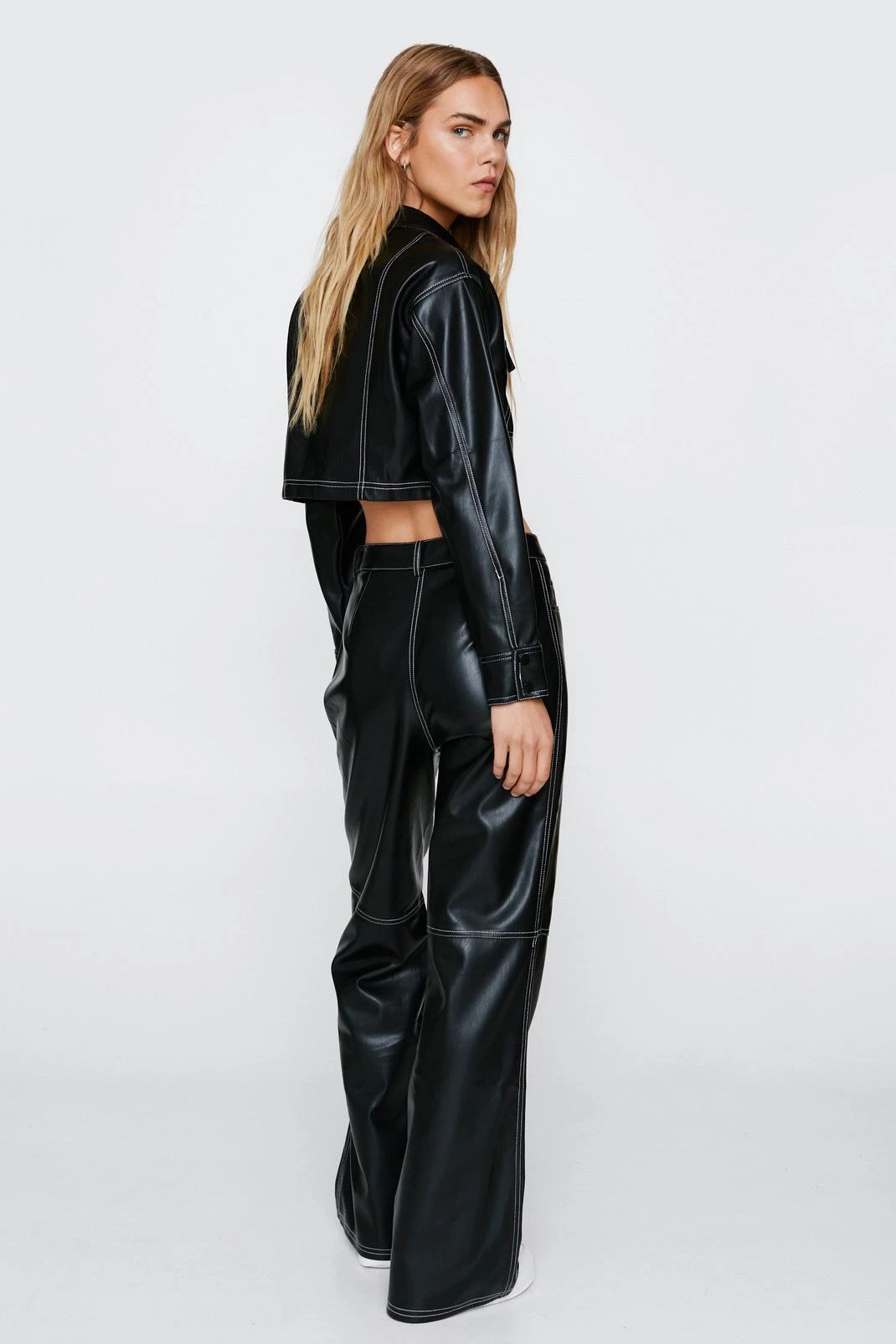 Faux Leather Contrast Stitch Wide Leg Pants - Image 3