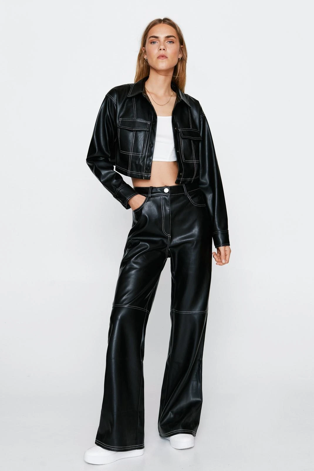 Faux Leather Contrast Stitch Wide Leg Pants - Image 4