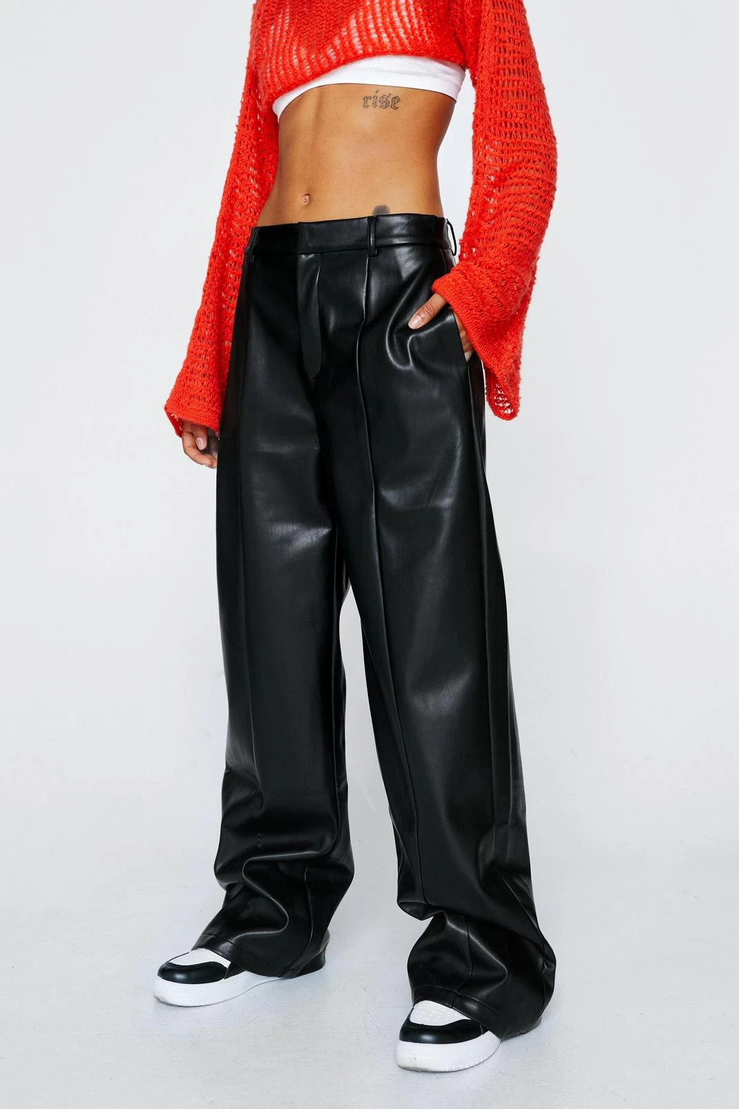 Faux Leather Seam Front Wide Leg Pants - Image 2