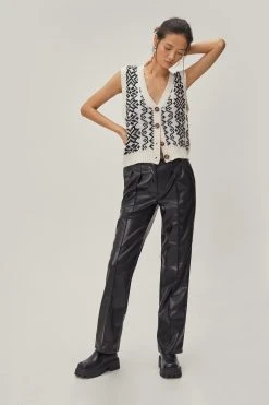 Faux Leather Straight Leg Pleated Pants