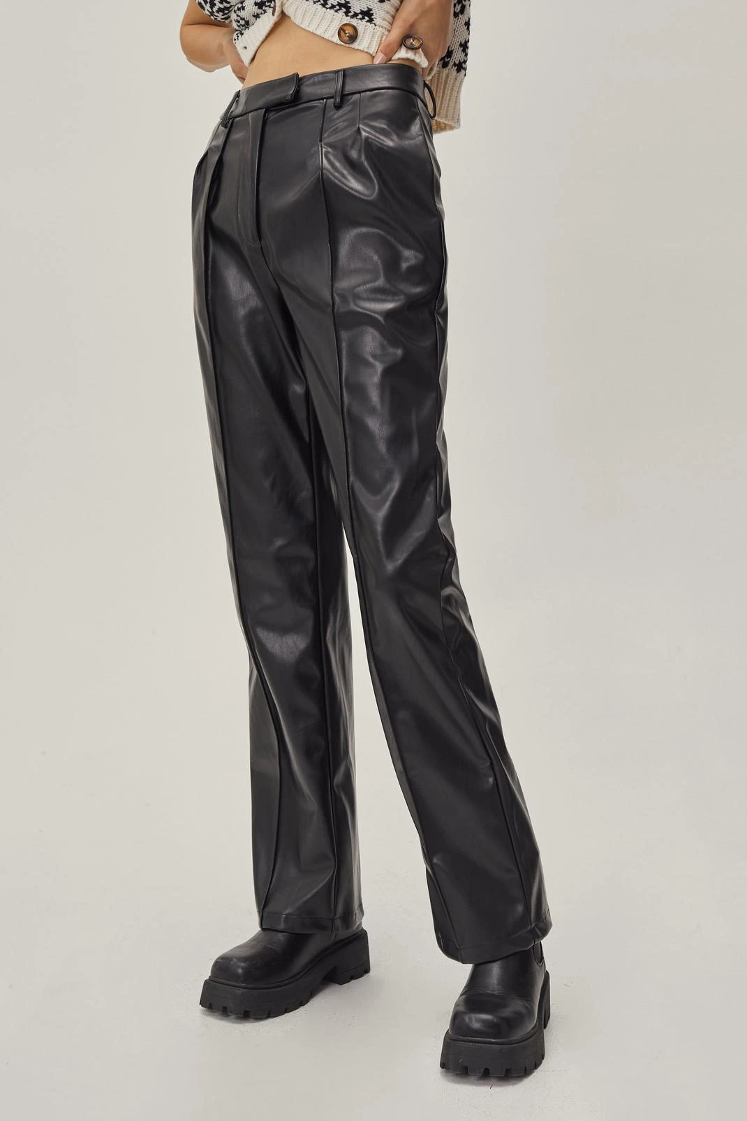 Faux Leather Straight Leg Pleated Pants - Image 4
