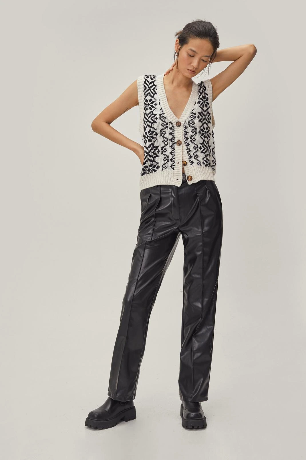 Faux Leather Straight Leg Pleated Pants