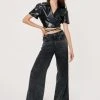 Faux Leather Wrap Wide Sleeve Crop Top