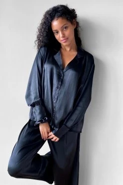 Satin 3 Pc Shirt Pants And Scrunchie Pajama Set