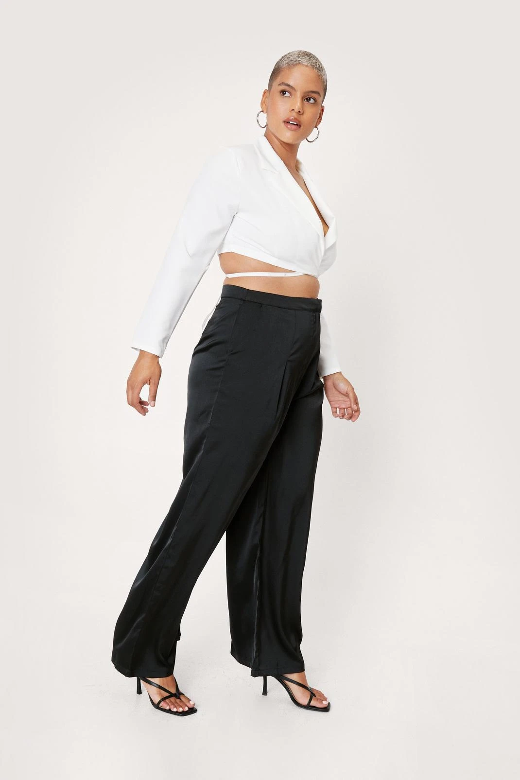 Plus Size Pleat Front Satin Wide Leg Pants
