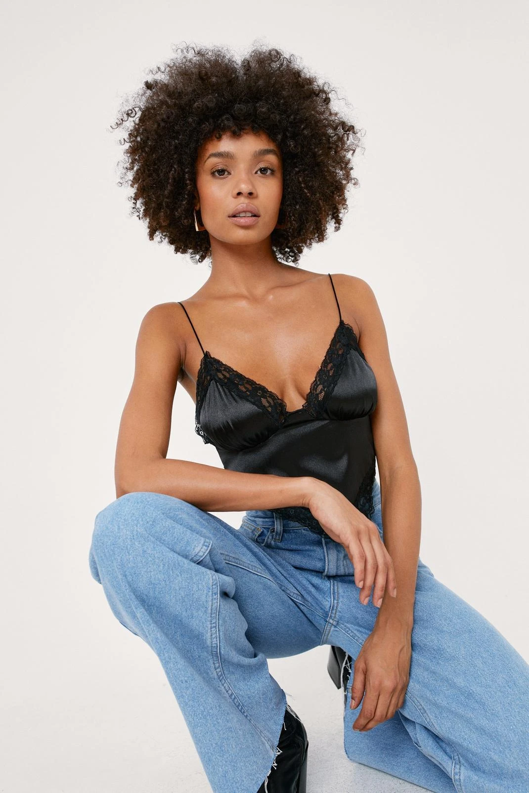 Satin Lace Trim Handkerchief Crop Top