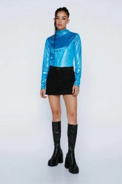 Wetlook Glitter Long Sleeve Funnel Neck Top