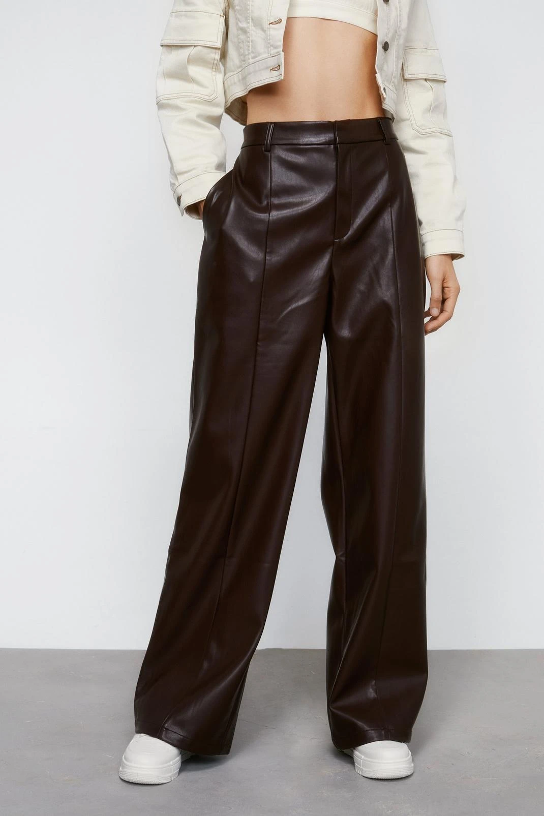 Faux Leather Seam Front Wide Leg Pants - Image 5