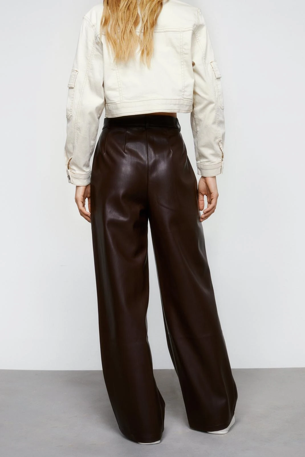 Faux Leather Seam Front Wide Leg Pants - Image 6
