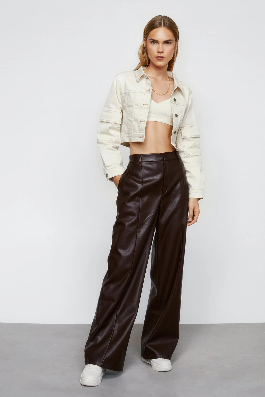Faux Leather Seam Front Wide Leg Pants - Image 7