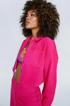 Cord Cropped Collared Shirt With Pocket