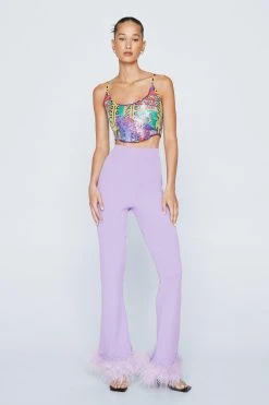 Premium Faux Feather Trim Knitted Flare Pants