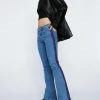 Petite Metallic Stripe Seam Detail Denim Flare Pants
