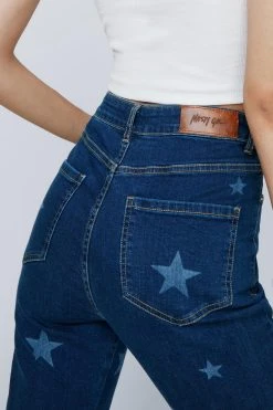 Star Print Stretch Denim Flared Pants