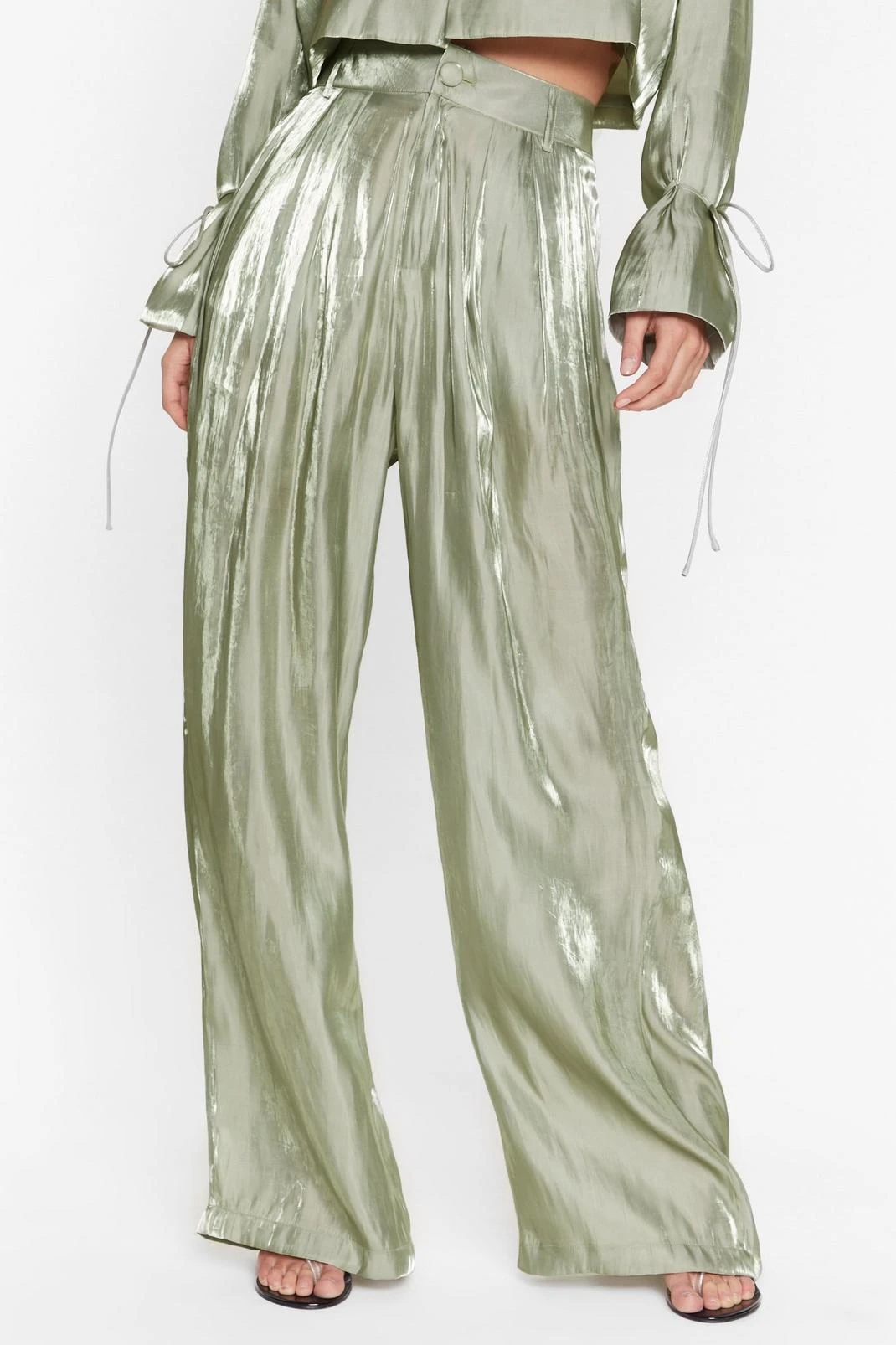 Satin Shimmer High Waisted Wide Leg Pants - Image 3