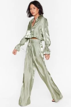 Satin Shimmer High Waisted Wide Leg Pants