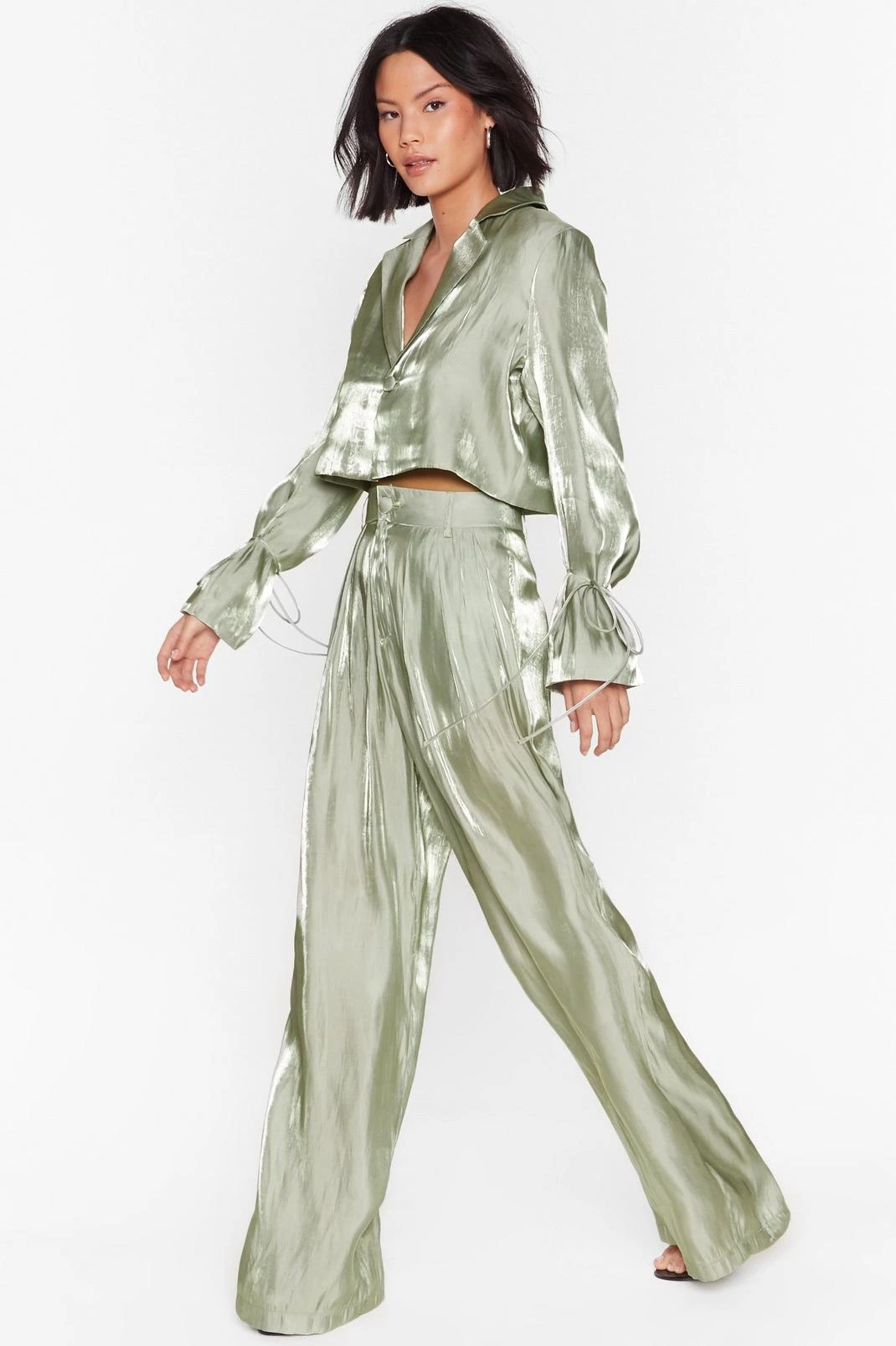 Satin Shimmer High Waisted Wide Leg Pants