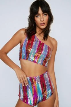 Stripe Sequin One Shoulder Crop Top