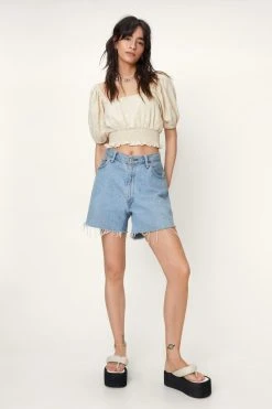 Linen Square Neck Shirred Detail Crop Top