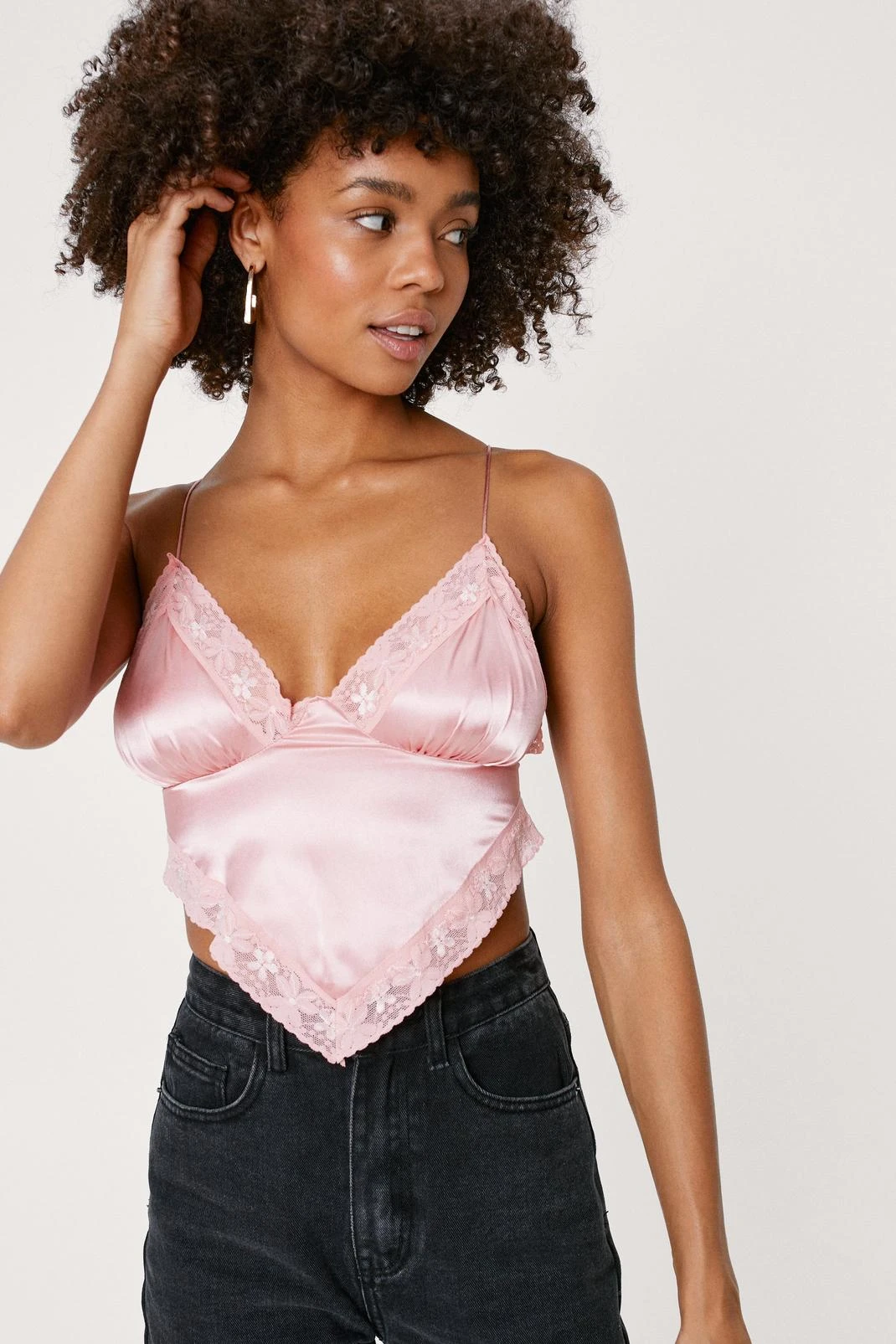 Satin Lace Trim Handkerchief Crop Top - Image 13