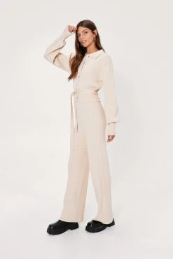 Ribbed Knitted Belted Cardigan And Pants Set