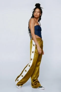 Embroidered Star Taping Detail Satin Pants