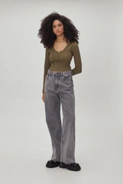 Notch Neck Ribbed Long Sleeve Top