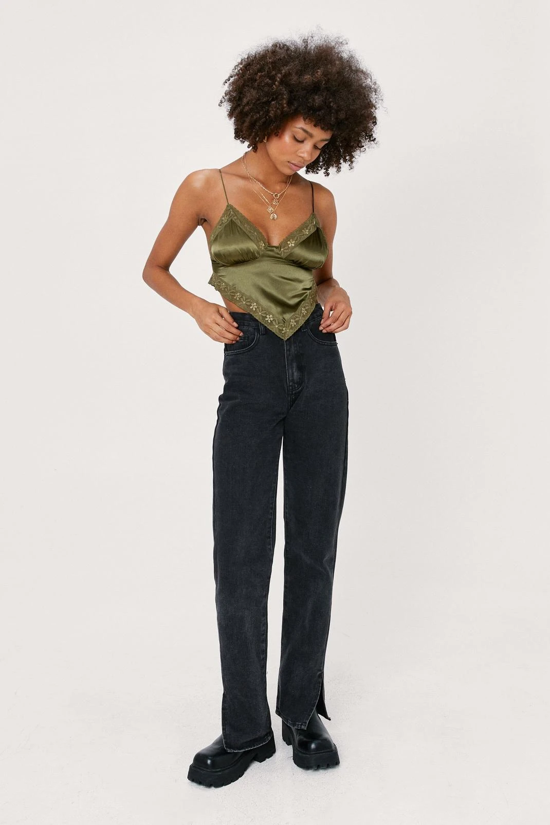 Satin Lace Trim Handkerchief Crop Top - Image 8