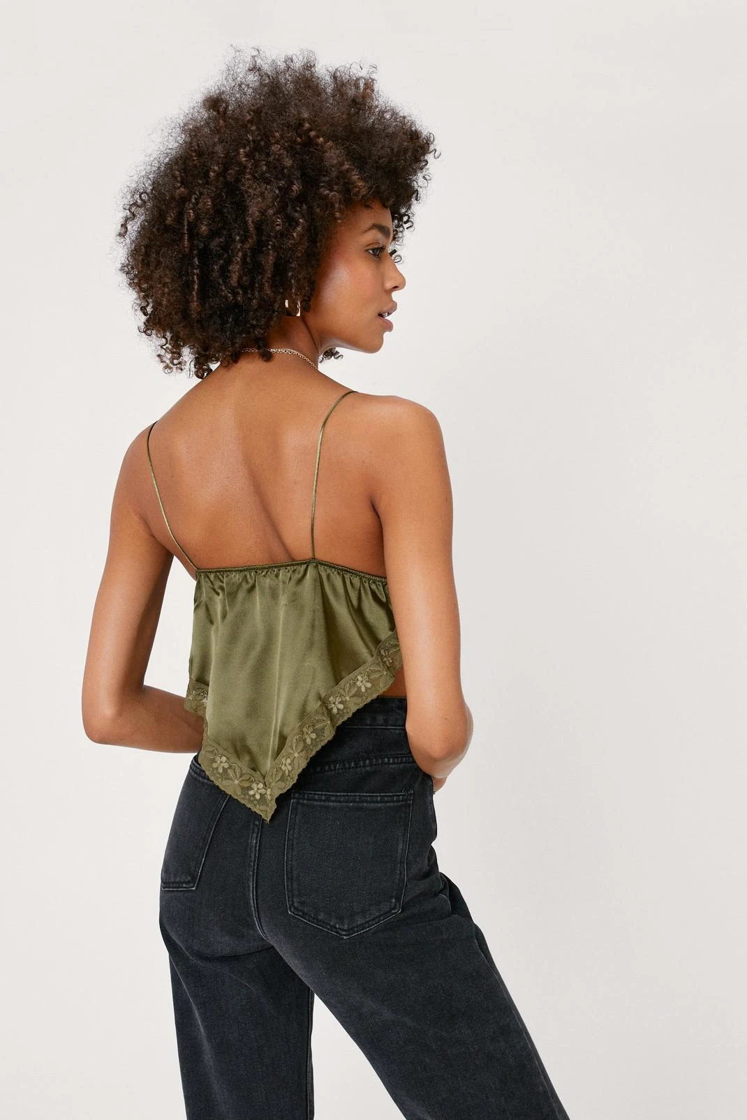 Satin Lace Trim Handkerchief Crop Top - Image 9