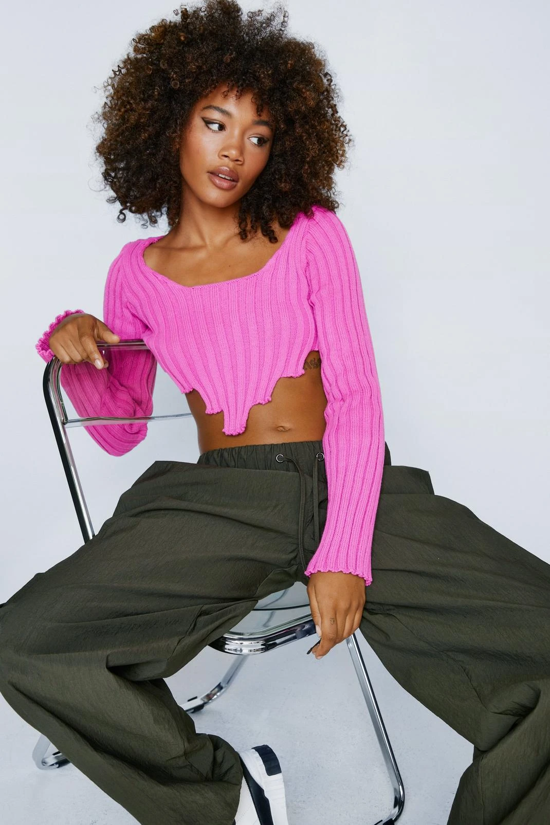 Asymmetric Hem Long Sleeve Crop Top - Image 2