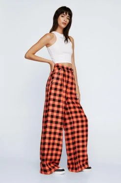 Chain Detail Super Wide Leg Check Pants