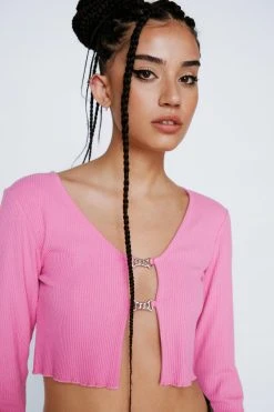 Slim Fit Ribbed Cardigan With Chain Detail