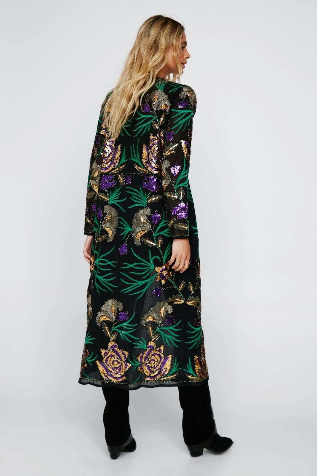 Embellished Floral Design Longline Kimono - Image 3