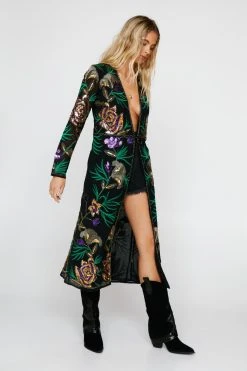 Embellished Floral Design Longline Kimono
