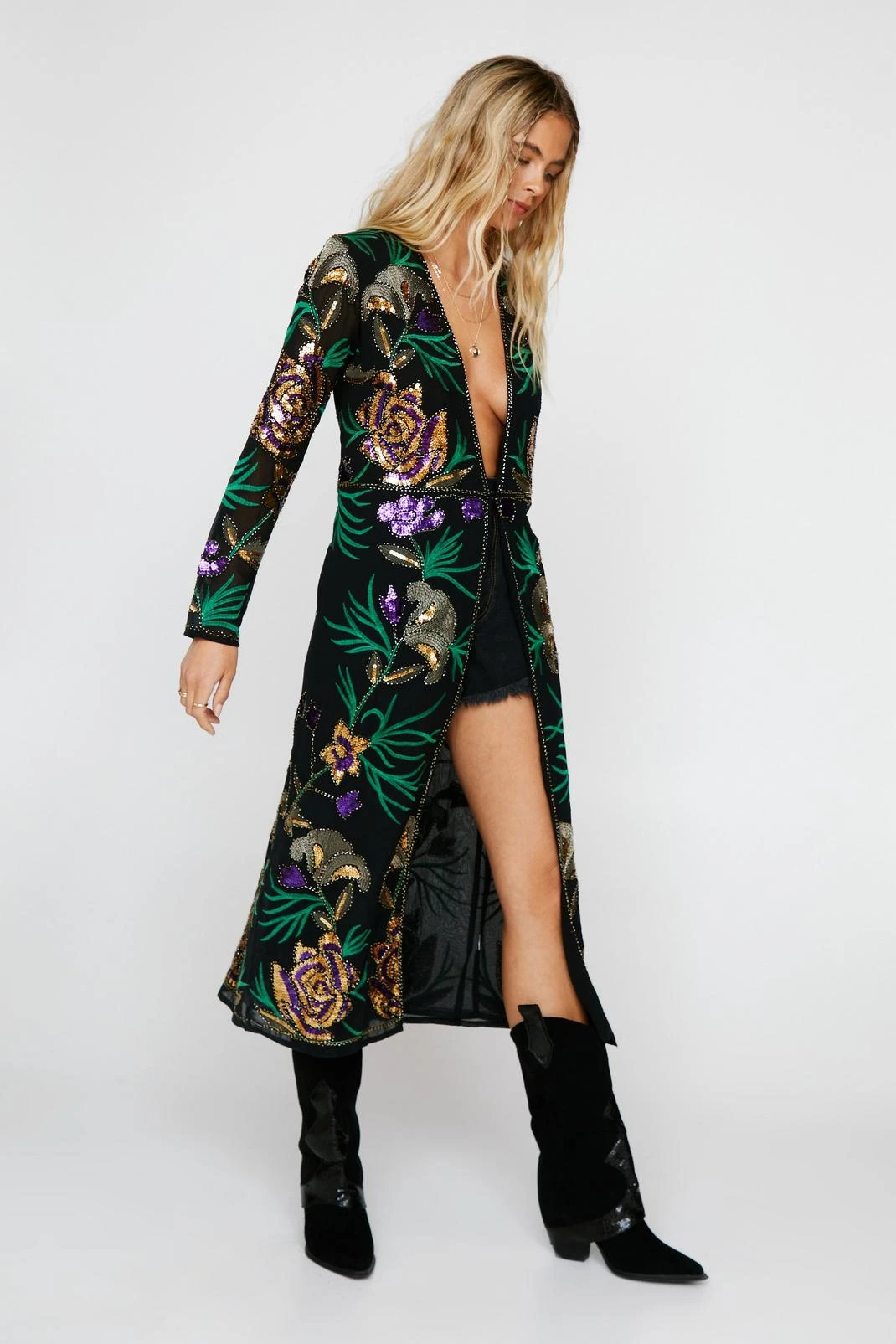 Embellished Floral Design Longline Kimono