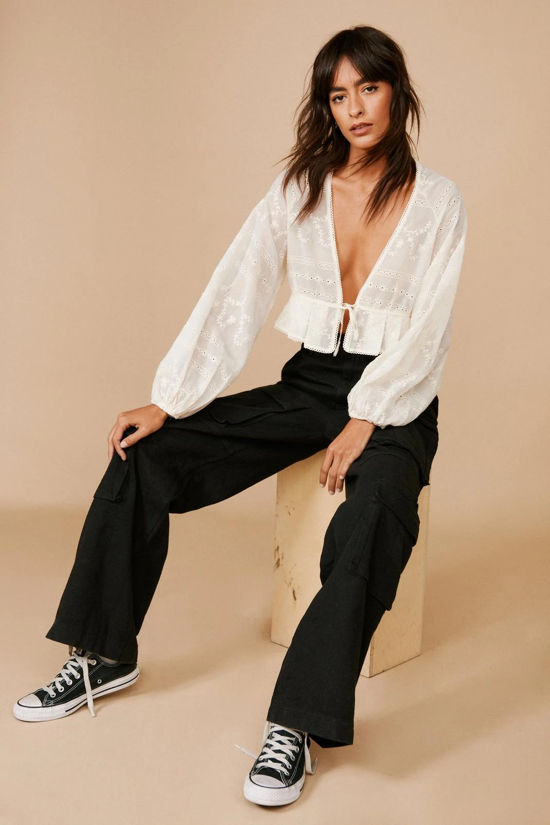 Washed Dual Hem Pocket Detail Wide Leg Cargo - Image 2