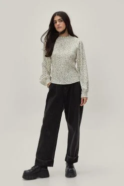 Dainty Floral Print Shirred Long Sleeve Blouse