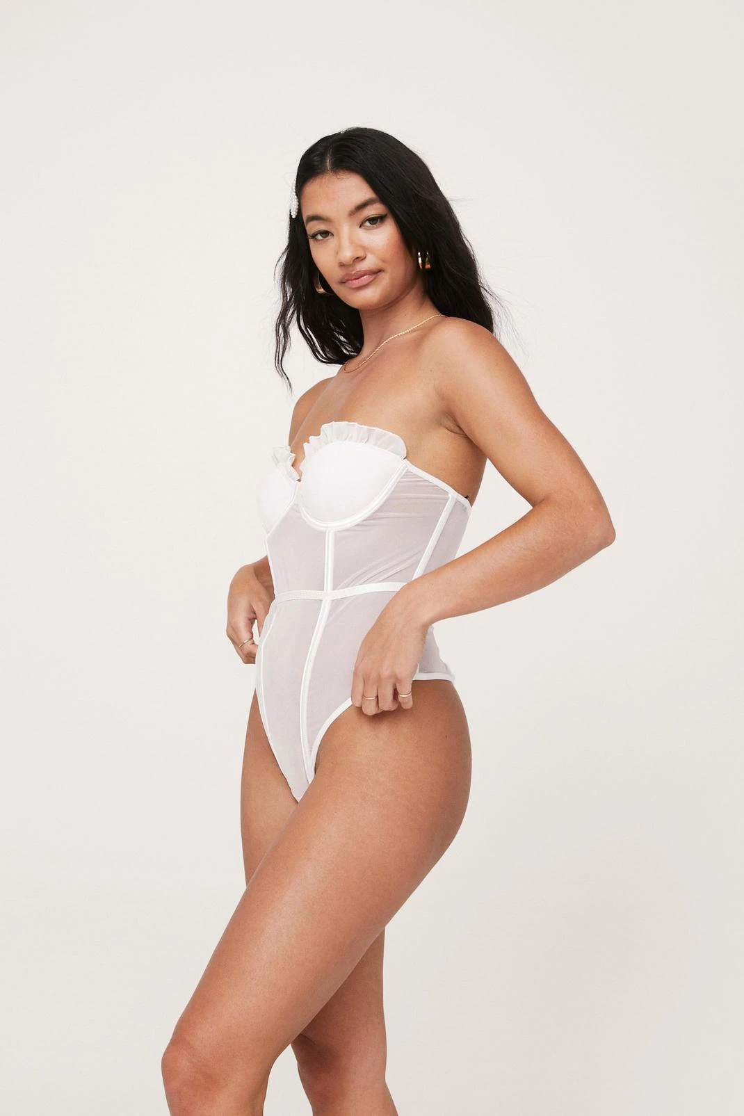 Mesh Ruffle Boned Corset Bandeau Bodysuit - Image 5